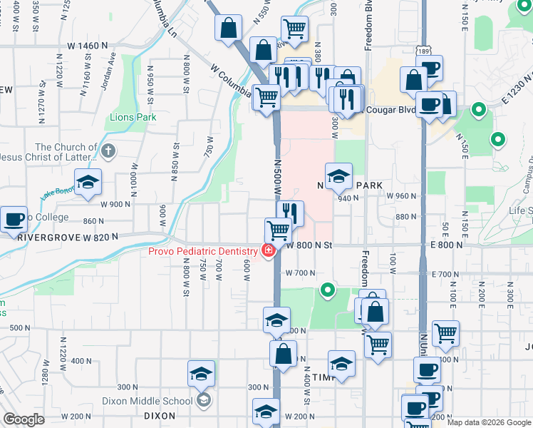 map of restaurants, bars, coffee shops, grocery stores, and more near 915 North 500 West in Provo
