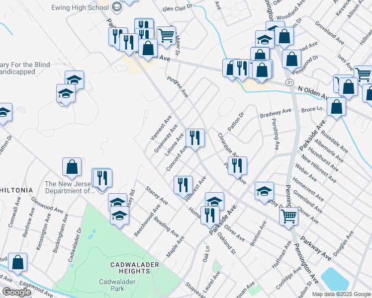 map of restaurants, bars, coffee shops, grocery stores, and more near 437 Latona Avenue in Ewing Township