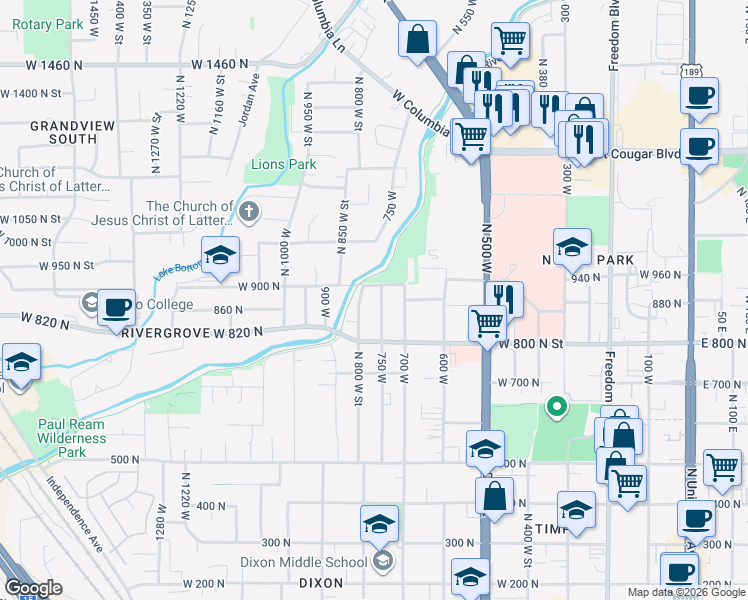 map of restaurants, bars, coffee shops, grocery stores, and more near 879 750 West in Provo
