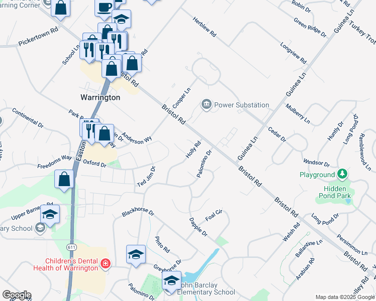map of restaurants, bars, coffee shops, grocery stores, and more near 2191 Winterberry Court in Warrington