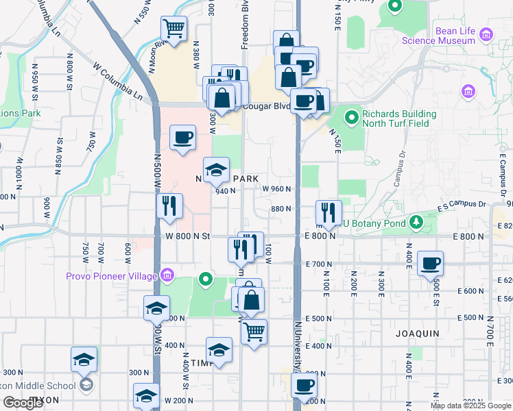 map of restaurants, bars, coffee shops, grocery stores, and more near 11 North 160 West Street in Provo