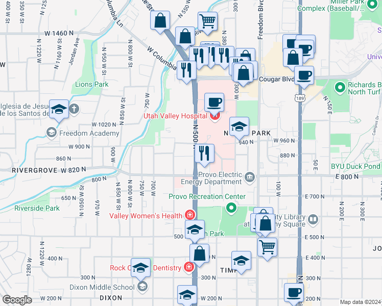 map of restaurants, bars, coffee shops, grocery stores, and more near 940 North 500 West in Provo