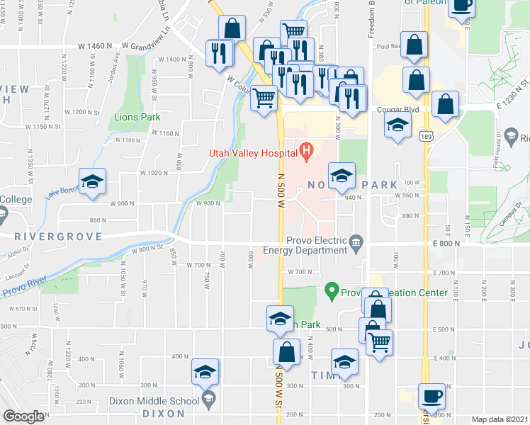 map of restaurants, bars, coffee shops, grocery stores, and more near 930 600 West in Provo