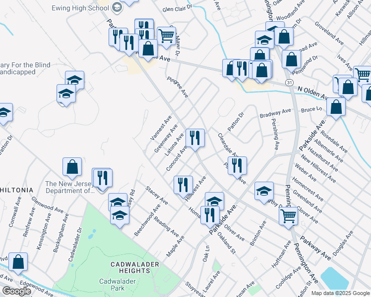 map of restaurants, bars, coffee shops, grocery stores, and more near 437 Latona Avenue in Ewing Township
