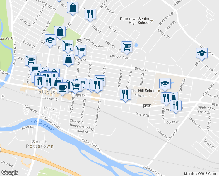 map of restaurants, bars, coffee shops, grocery stores, and more near 529 Chestnut Street in Pottstown