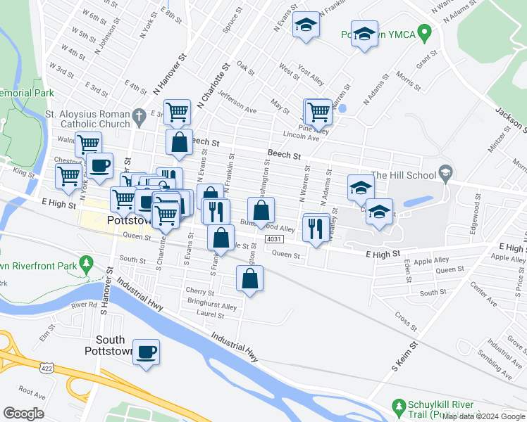 map of restaurants, bars, coffee shops, grocery stores, and more near 452 Chestnut Street in Pottstown