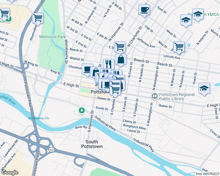 map of restaurants, bars, coffee shops, grocery stores, and more near 263 King Street in Pottstown