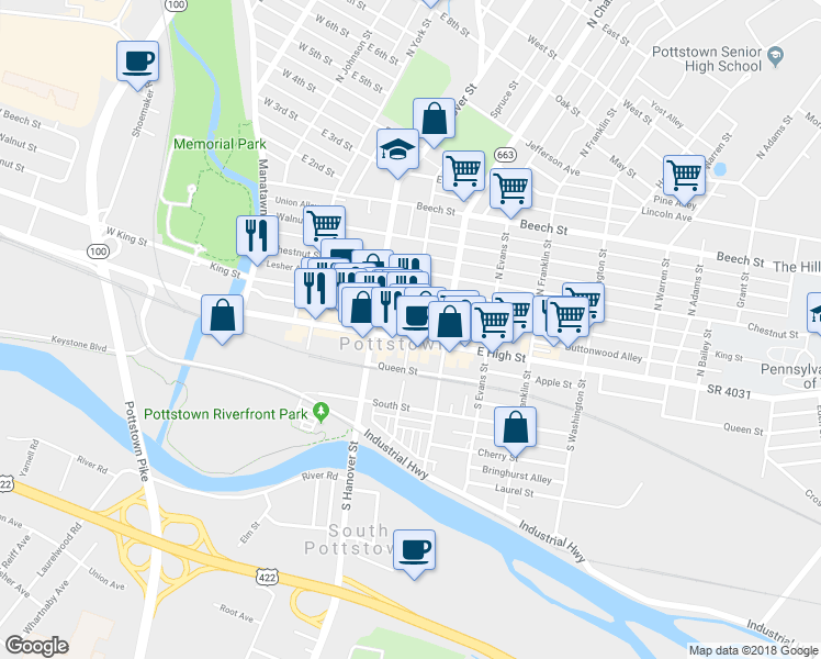 map of restaurants, bars, coffee shops, grocery stores, and more near 224 King Street in Pottstown