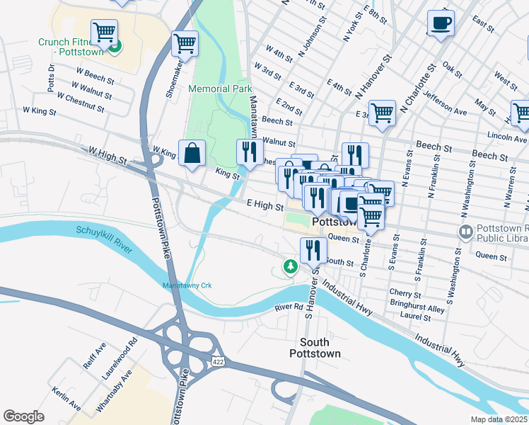 map of restaurants, bars, coffee shops, grocery stores, and more near 41 East High Street in Pottstown