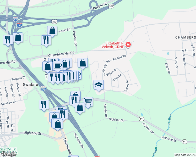 map of restaurants, bars, coffee shops, grocery stores, and more near 741 Keckler Road in Harrisburg