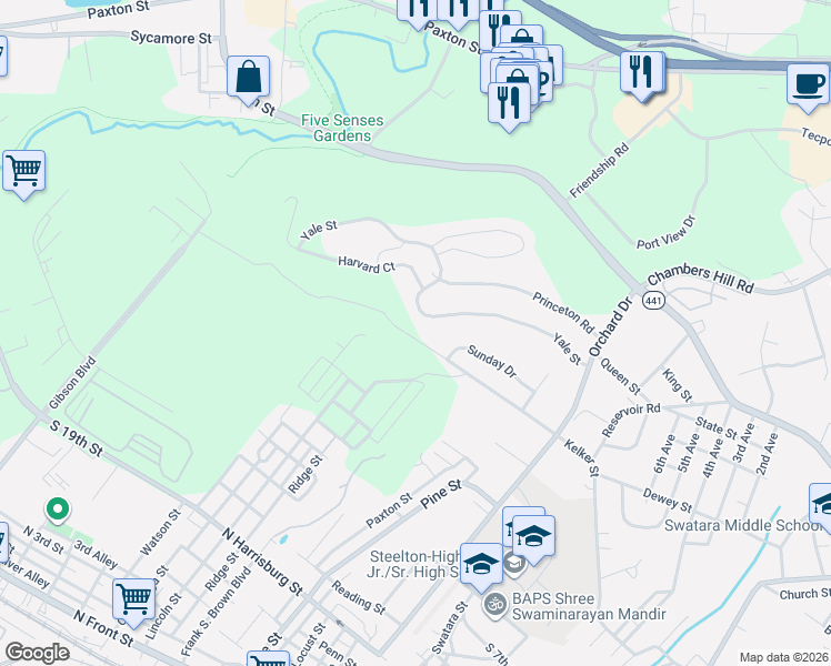 map of restaurants, bars, coffee shops, grocery stores, and more near 563 Yale Street in Harrisburg