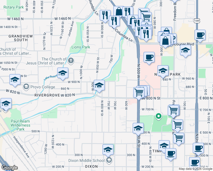 map of restaurants, bars, coffee shops, grocery stores, and more near 879 750 West in Provo