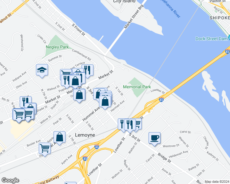 map of restaurants, bars, coffee shops, grocery stores, and more near 115 Hummel Avenue in Lemoyne