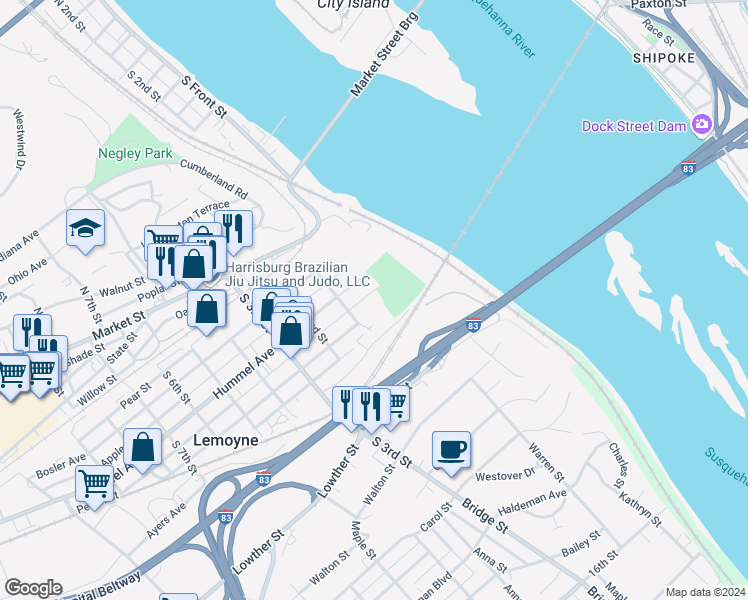 map of restaurants, bars, coffee shops, grocery stores, and more near 65 Herman Avenue in Lemoyne