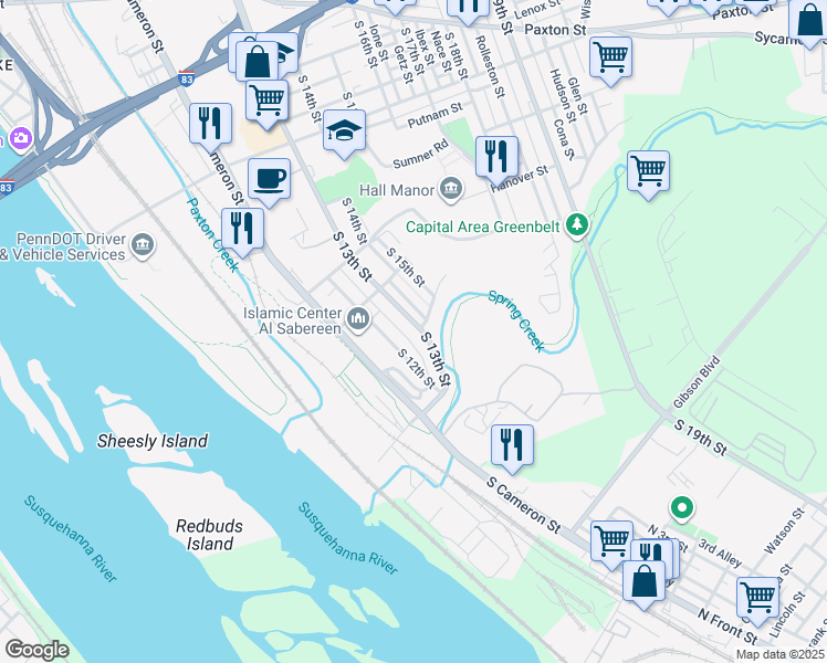 map of restaurants, bars, coffee shops, grocery stores, and more near 1466 South 13th Street in Harrisburg
