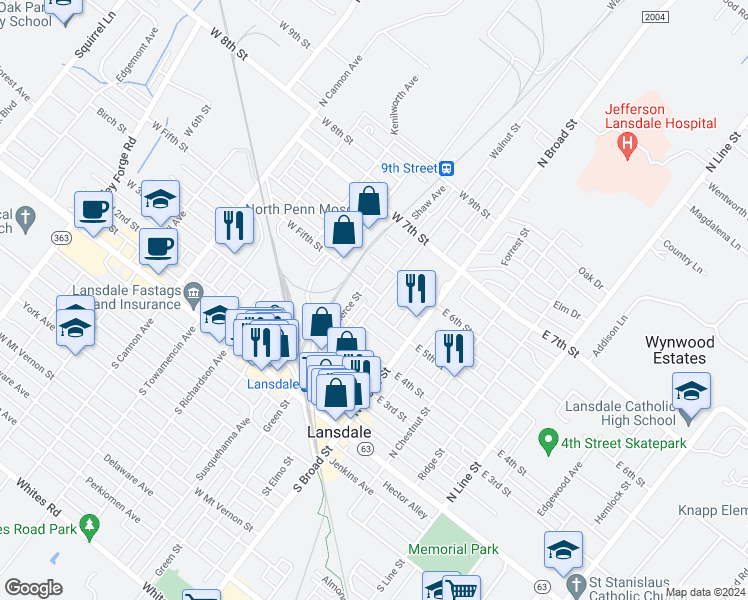 map of restaurants, bars, coffee shops, grocery stores, and more near 444 Walnut Street in Lansdale