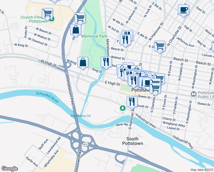 map of restaurants, bars, coffee shops, grocery stores, and more near in Pottstown