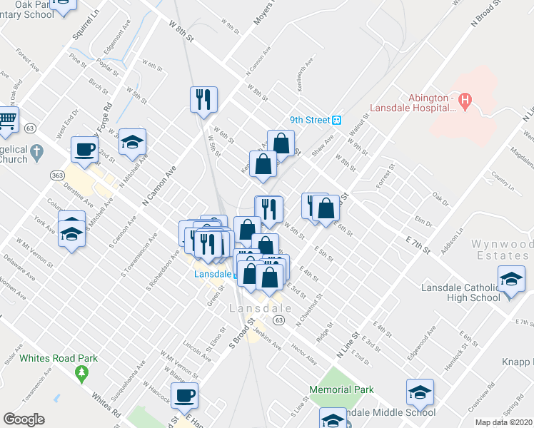 map of restaurants, bars, coffee shops, grocery stores, and more near 428 Pierce Street in Lansdale