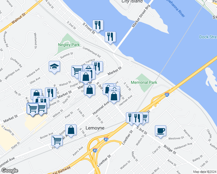 map of restaurants, bars, coffee shops, grocery stores, and more near 223 Bosler Avenue in Lemoyne