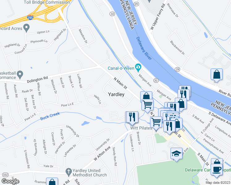map of restaurants, bars, coffee shops, grocery stores, and more near 139 Riverview Avenue in Yardley