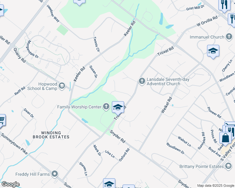 map of restaurants, bars, coffee shops, grocery stores, and more near 896 Carriage Way in Lansdale