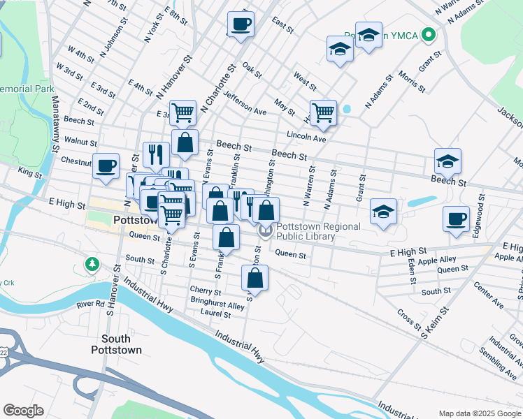 map of restaurants, bars, coffee shops, grocery stores, and more near 453 King Street in Pottstown