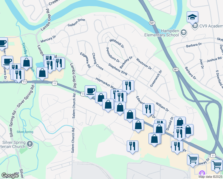 map of restaurants, bars, coffee shops, grocery stores, and more near 6121 Haymarket Way in Mechanicsburg