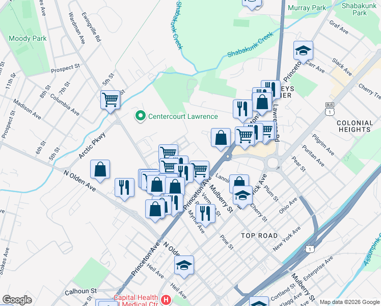 map of restaurants, bars, coffee shops, grocery stores, and more near 48 J Russel Smith Road in Lawrence Township