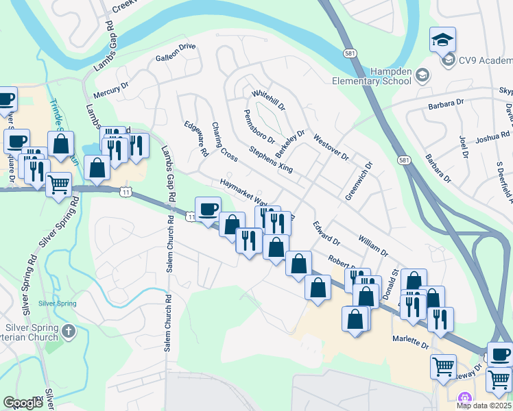 map of restaurants, bars, coffee shops, grocery stores, and more near 6121 Haymarket Way in Mechanicsburg