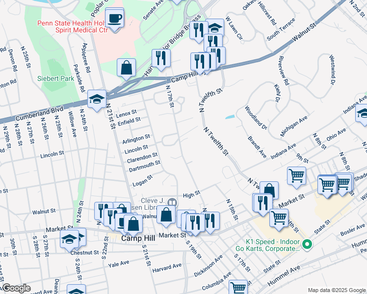map of restaurants, bars, coffee shops, grocery stores, and more near 303 North 17th Street in Camp Hill