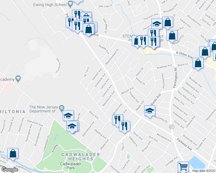 map of restaurants, bars, coffee shops, grocery stores, and more near 361 Concord Avenue in Trenton