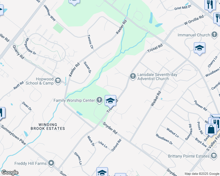 map of restaurants, bars, coffee shops, grocery stores, and more near 896 Carriage Way in Lansdale