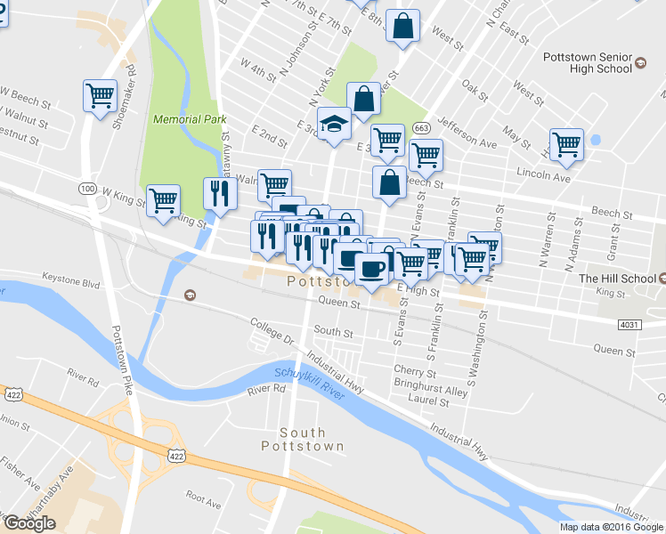 map of restaurants, bars, coffee shops, grocery stores, and more near 219 East High Street in Pottstown