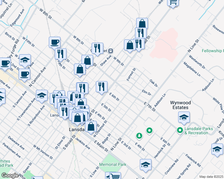 map of restaurants, bars, coffee shops, grocery stores, and more near 623 North Broad Street in Lansdale