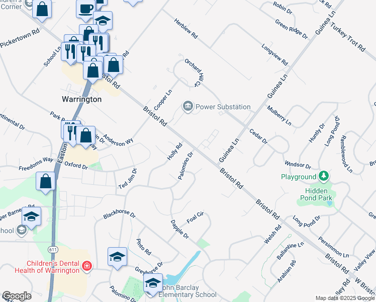 map of restaurants, bars, coffee shops, grocery stores, and more near 1318 Palomino Drive in Warrington