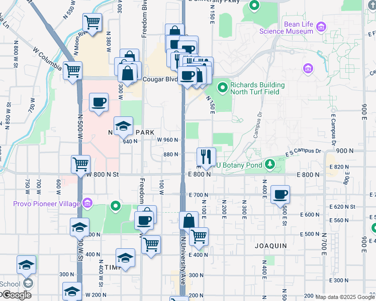 map of restaurants, bars, coffee shops, grocery stores, and more near 950 North University Avenue in Provo