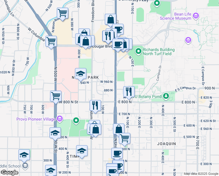 map of restaurants, bars, coffee shops, grocery stores, and more near 67 West 960 North in Provo