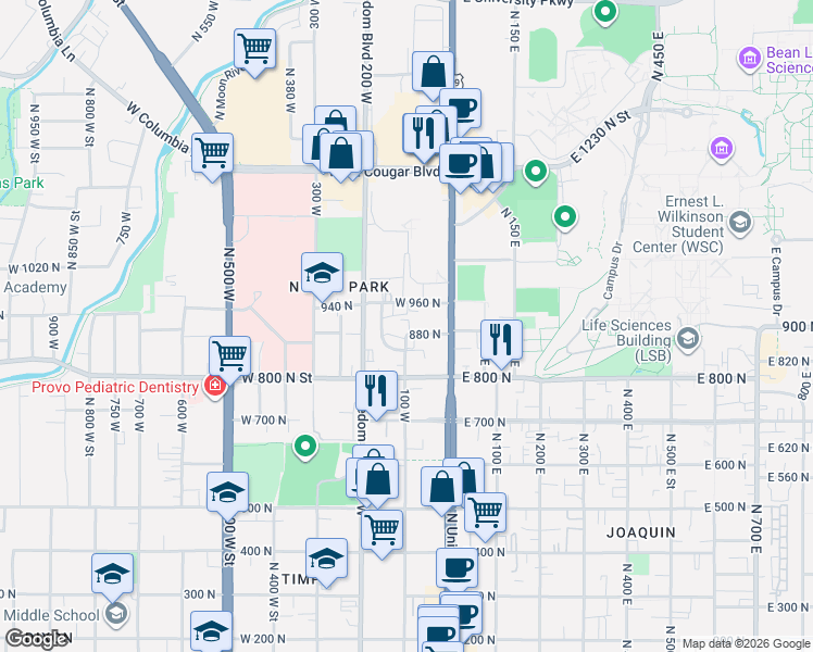 map of restaurants, bars, coffee shops, grocery stores, and more near 67 West 960 North in Provo