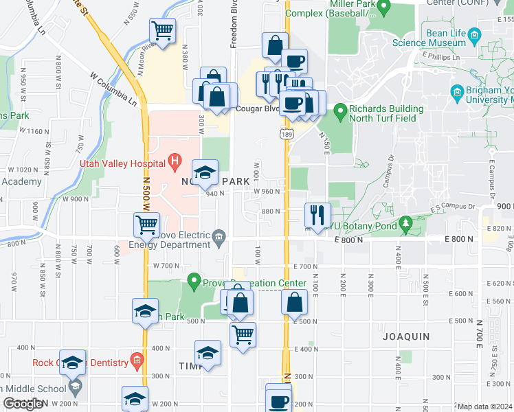 map of restaurants, bars, coffee shops, grocery stores, and more near 67 West 960 North in Provo