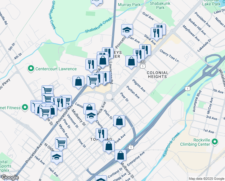 map of restaurants, bars, coffee shops, grocery stores, and more near 150 Lawrenceville Road in Lawrence Township