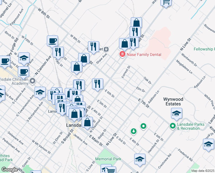 map of restaurants, bars, coffee shops, grocery stores, and more near 623 North Broad Street in Lansdale