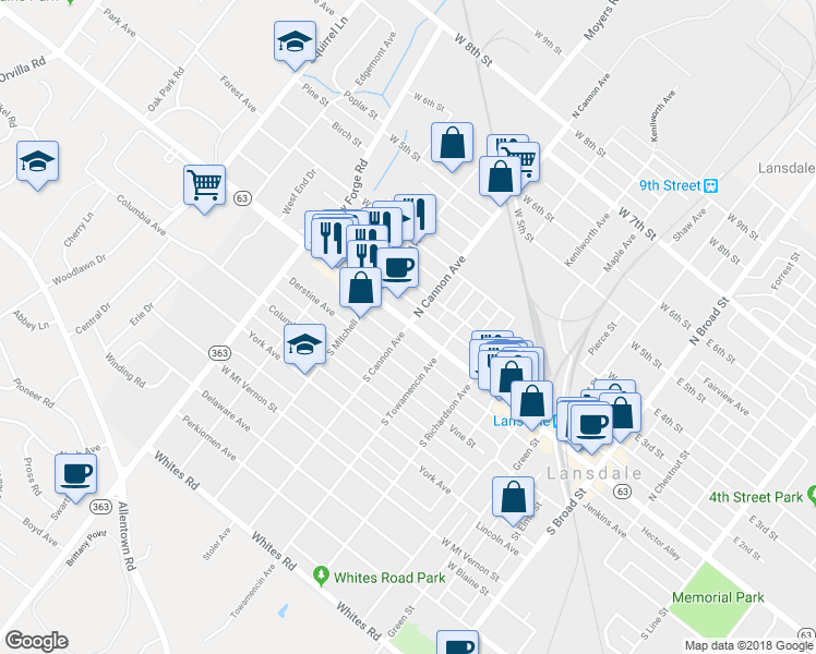 map of restaurants, bars, coffee shops, grocery stores, and more near 2 South Cannon Avenue in Lansdale