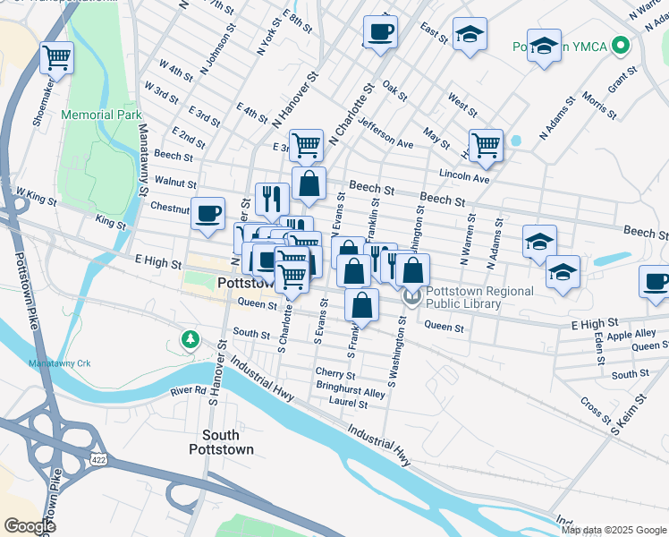map of restaurants, bars, coffee shops, grocery stores, and more near 355 King Street in Pottstown