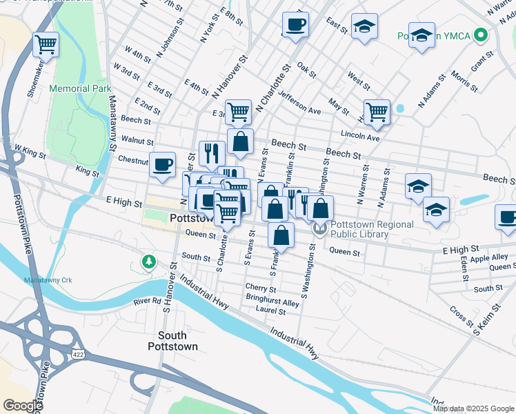 map of restaurants, bars, coffee shops, grocery stores, and more near 355 King Street in Pottstown