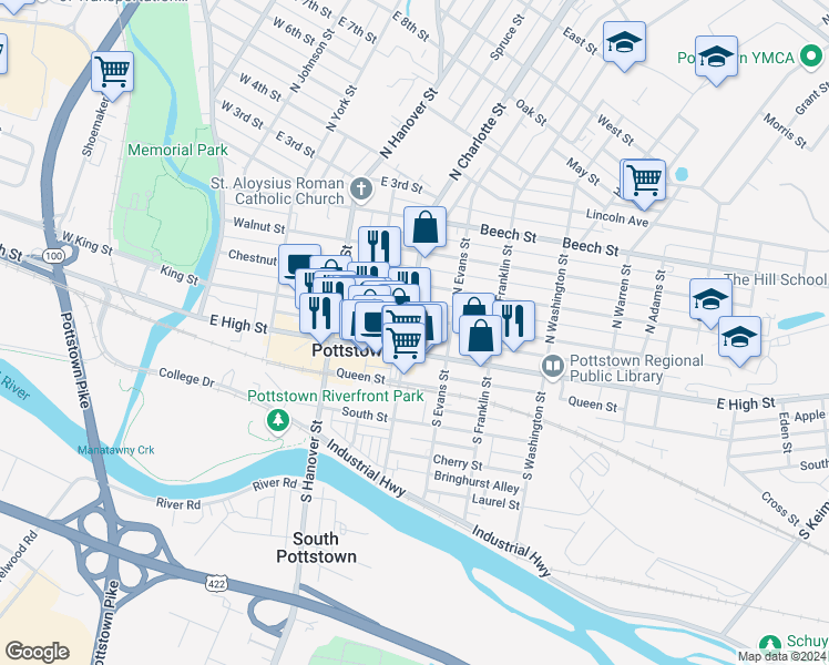 map of restaurants, bars, coffee shops, grocery stores, and more near 20 North Charlotte Street in Pottstown