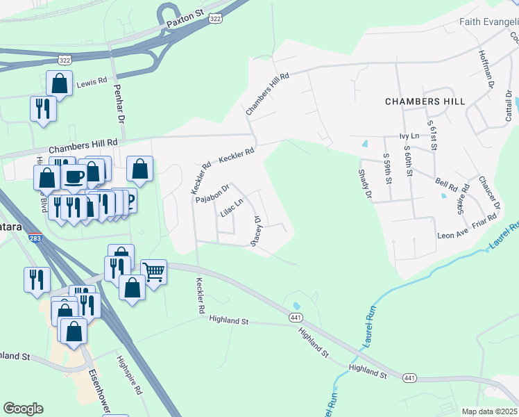 map of restaurants, bars, coffee shops, grocery stores, and more near 5076 Stacey Drive East in Harrisburg