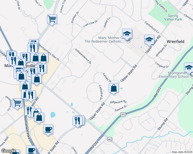 map of restaurants, bars, coffee shops, grocery stores, and more near 119 Kelsey Drive in Lansdale