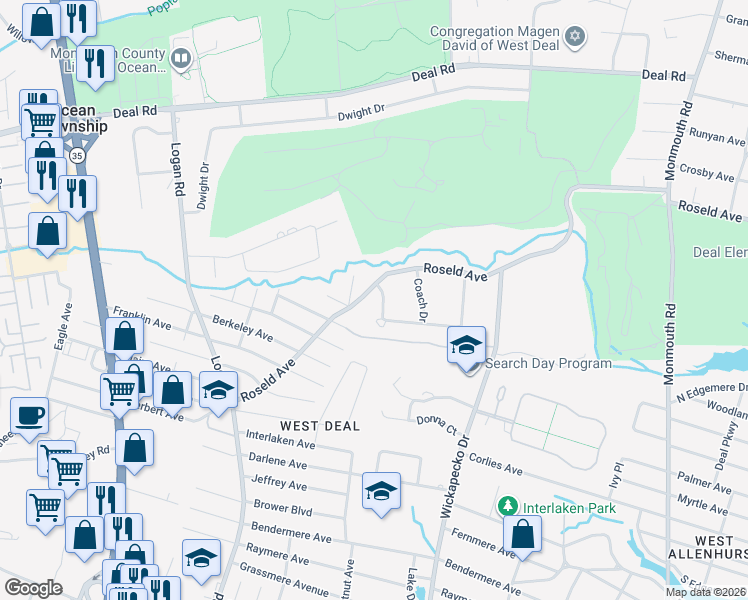 map of restaurants, bars, coffee shops, grocery stores, and more near 755 Roseld Avenue in Monmouth County