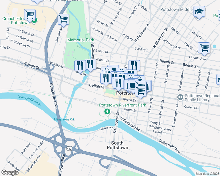 map of restaurants, bars, coffee shops, grocery stores, and more near 100 Buttonwood Alley in Pottstown