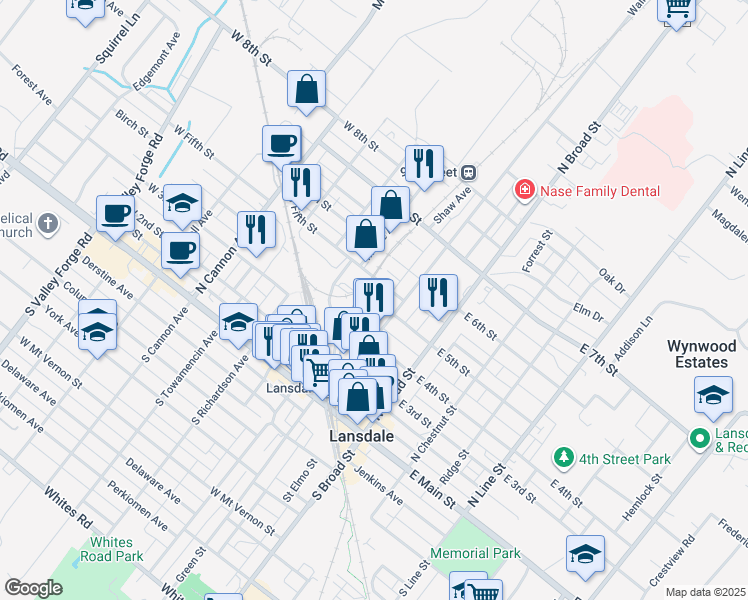 map of restaurants, bars, coffee shops, grocery stores, and more near 138 West 5th Street in Lansdale